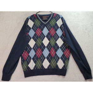 Black Brown 1826 Sweater Mens Large Navy‎ Argyle Print Cotton Long Sleeve V Neck